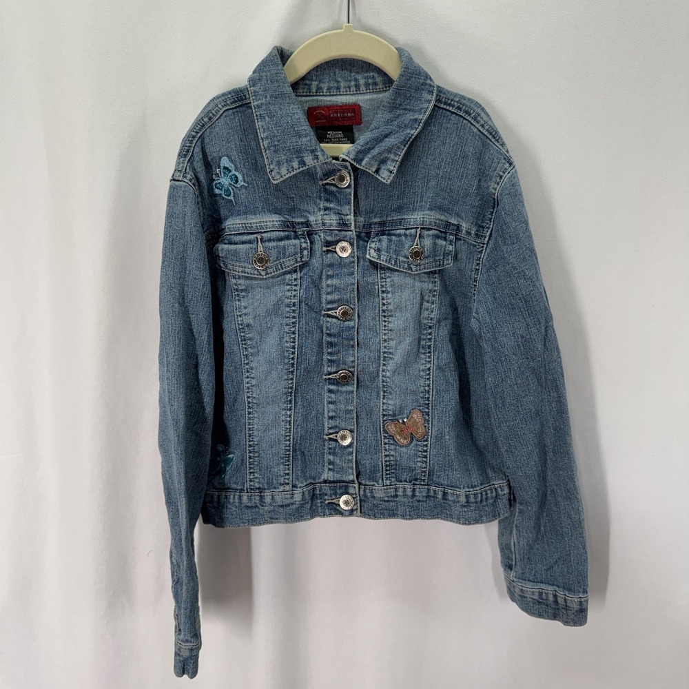 Arizona Jean Co Denim Jacket Juniors M Blue Butterfly Patch Embroidered Stretch‎